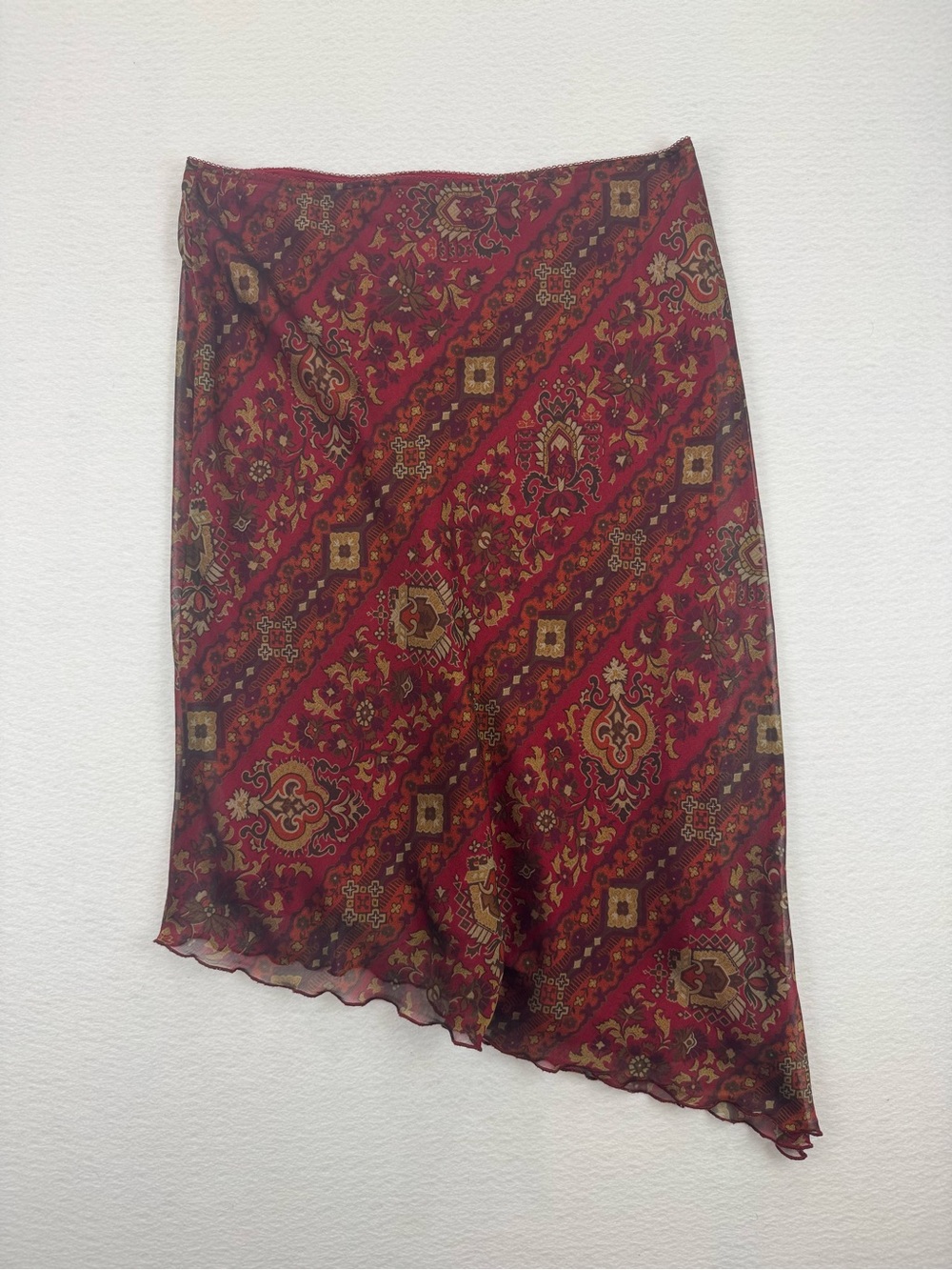 Worthington Vintage Y2K Asymmetrical Red Paisley Midi Skirt - Size 8
